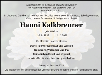 Traueranzeige von Hanni Kalkbrenner von Neubrandenburger Zeitung