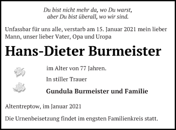 Traueranzeige von Hans-Dieter Burmeister von Neubrandenburger Zeitung