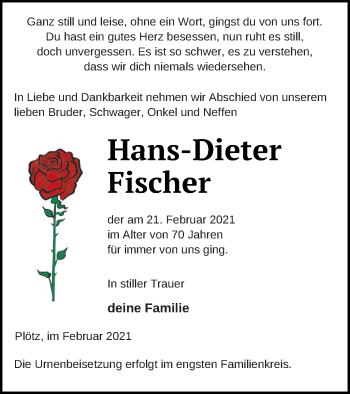 Traueranzeige von Hans-Dieter Fischer von Demminer Zeitung