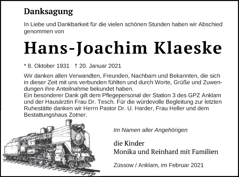  Traueranzeige für Hans-Joachim Klaeske vom 27.02.2021 aus Vorpommern Kurier
