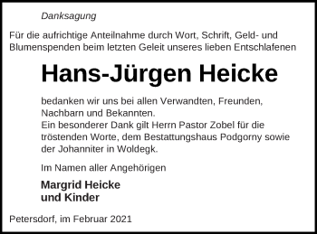 Traueranzeige von Hans-Jürgen Heicke von Strelitzer Zeitung