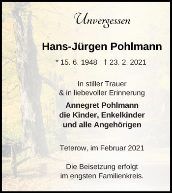 Traueranzeige von Hans-Jürgen Pohlmann von Mecklenburger Schweiz