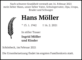 Traueranzeige von Hans Möller von Strelitzer Zeitung