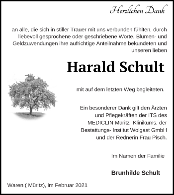 Traueranzeige von Harald Schult von Müritz-Zeitung