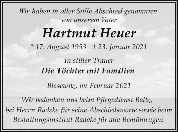 Traueranzeige von Hartmut Heuer von Vorpommern Kurier