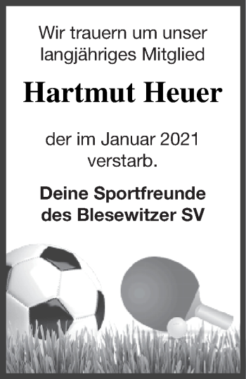 Traueranzeige von Hartmut Heuer von Vorpommern Kurier