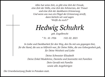 Traueranzeige von Hedwig Schuhrk von Neubrandenburger Zeitung