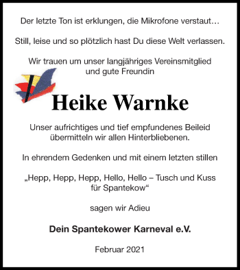 Traueranzeige von Heike Warnke von Vorpommern Kurier