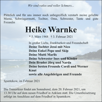 Traueranzeige von Heike Warnke von Vorpommern Kurier