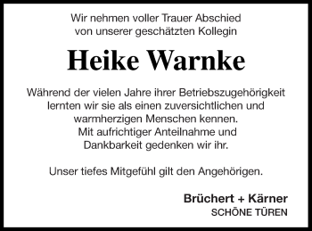 Traueranzeige von Heike Warnke von Vorpommern Kurier