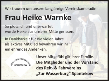 Traueranzeige von Heike Warnke von Vorpommern Kurier