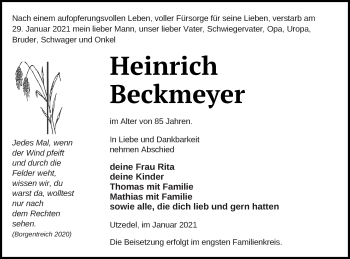 Traueranzeige von Heinrich Beckmeyer von Demminer Zeitung