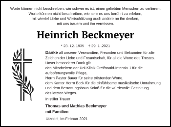 Traueranzeige von Heinrich Beckmeyer von Demminer Zeitung