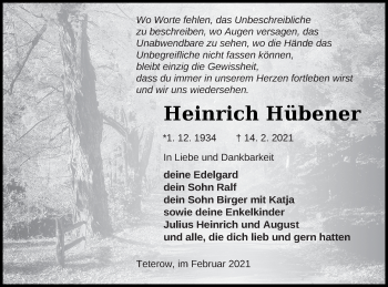 Traueranzeige von Heinrich Hübener von Mecklenburger Schweiz
