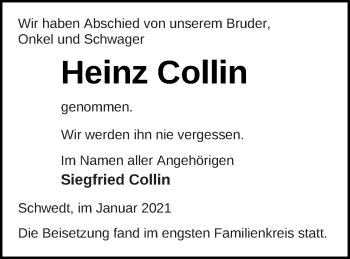 Traueranzeige von Heinz Collin von Templiner Zeitung