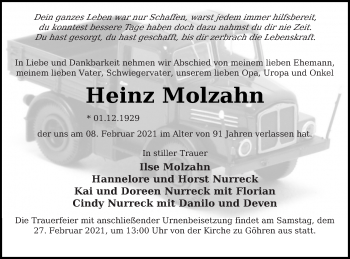 Traueranzeige von Heinz Molzahn von Strelitzer Zeitung