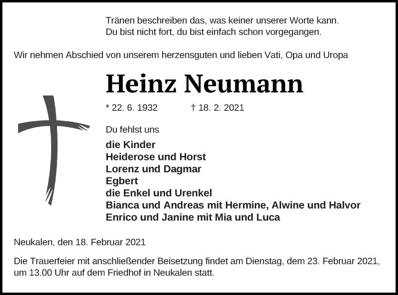  Traueranzeige für Heinz Neumann vom 20.02.2021 aus Mecklenburger Schweiz
