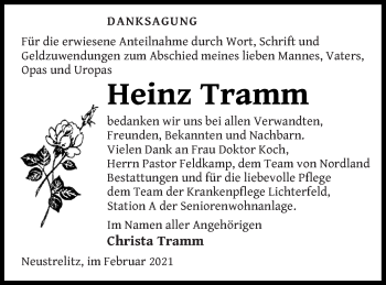 Traueranzeige von Heinz Tramm von Strelitzer Zeitung