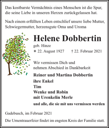 Traueranzeige von Helene Dobbertin von Gadebusch-Rehnaer Zeitung