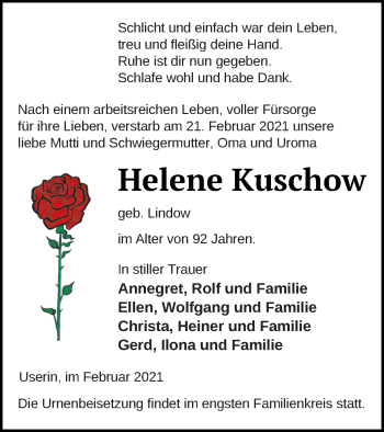 Traueranzeige von Helene Kuschow von Strelitzer Zeitung