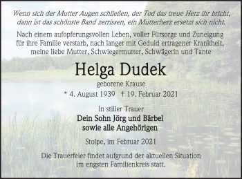 Traueranzeige von Helga Dudek von Vorpommern Kurier