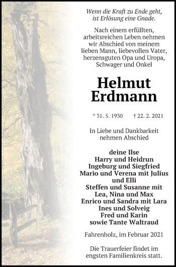 Traueranzeige von Helmut Erdmann von Vorpommern Kurier