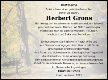 Traueranzeige von Herbert Grons von Mecklenburger Schweiz