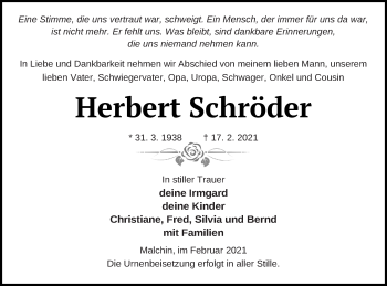 Traueranzeige von Herbert Schröder von Mecklenburger Schweiz