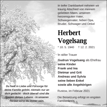 Traueranzeige von Herbert Vogelsang von Vorpommern Kurier