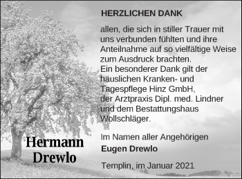 Traueranzeige von Hermann Drewlo von Prenzlauer Zeitung