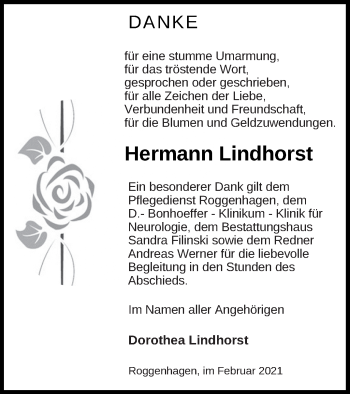 Traueranzeige von Hermann Lindhorst von Neubrandenburger Zeitung