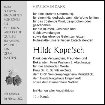 Traueranzeige von Hilde Kopetsch von Müritz-Zeitung