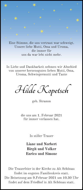 Traueranzeige von Hilde Kopetsch von Müritz-Zeitung