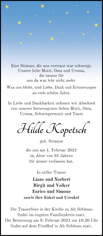 Traueranzeige von Hilde Kopitsch von Müritz-Zeitung