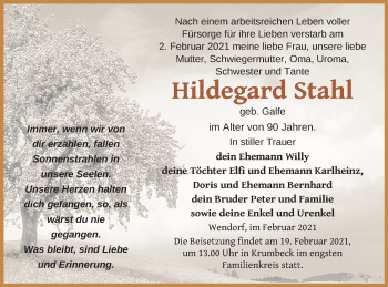 Traueranzeige von Hildegard Stahl von Strelitzer Zeitung