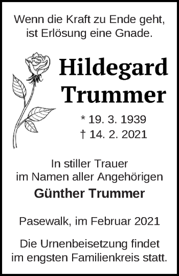 Traueranzeige von Hildegard Trummer von Pasewalker Zeitung