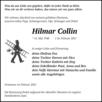 Traueranzeige von Hilmar Collin von Prenzlauer Zeitung