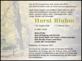 Traueranzeige von Horst Bluhm von Vorpommern Kurier