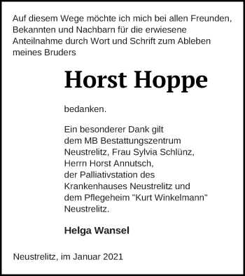 Traueranzeige von Horst Hoppe von Strelitzer Zeitung