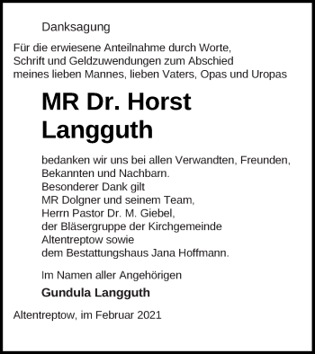 Traueranzeige von Horst Langguth von Neubrandenburger Zeitung