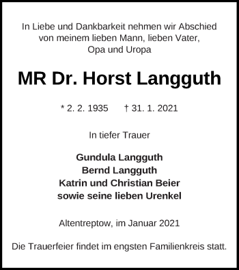 Traueranzeige von Horst Langguth von Neubrandenburger Zeitung