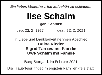 Traueranzeige von Ilse Schalm von Neubrandenburger Zeitung