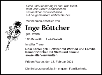 Traueranzeige von Inge Böttcher von Müritz-Zeitung