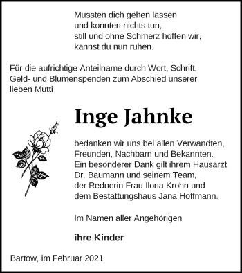 Traueranzeige von Inge Jahnke von Neubrandenburger Zeitung