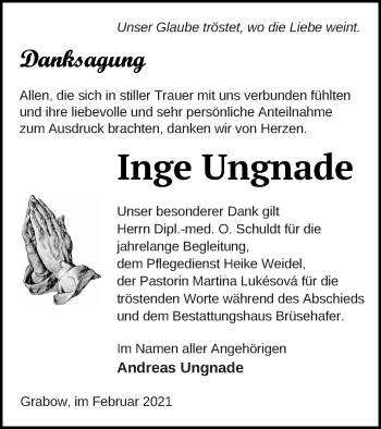 Traueranzeige von Inge Ungnade von Müritz-Zeitung