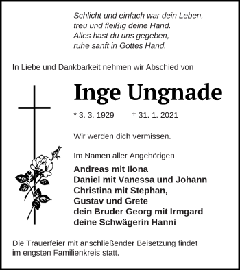 Traueranzeige von Inge Ungnade von Müritz-Zeitung