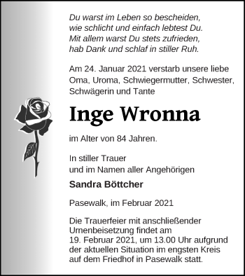Traueranzeige von Inge Wronna von Pasewalker Zeitung