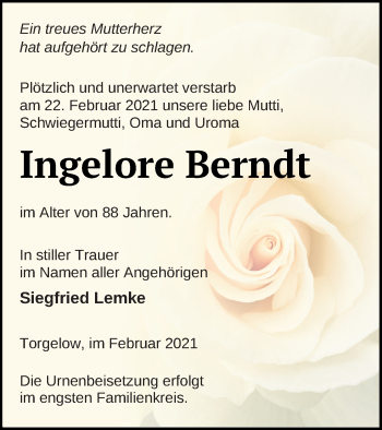 Traueranzeige von Ingelore Berndt von Haff-Zeitung