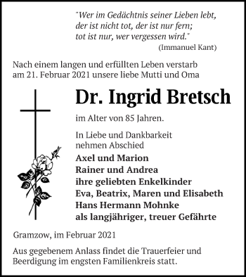 Traueranzeige von Ingrid Bretsch von Prenzlauer Zeitung