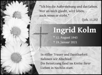 Traueranzeige von Ingrid Kolm von Pasewalker Zeitung